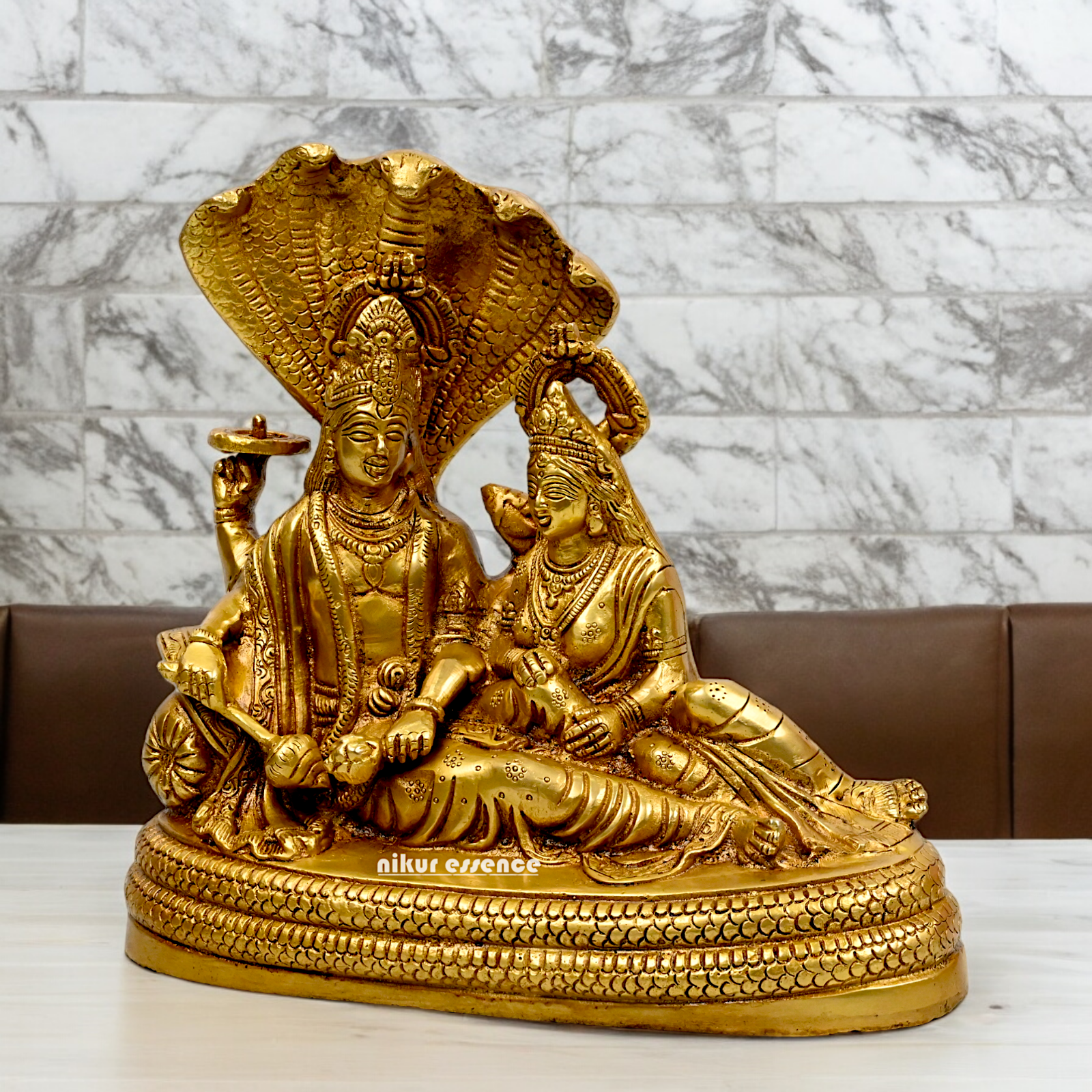Large Vishnu and Lakshmi Sitting on Sheshnag idol solid brass - 10 inches Nikuressence
