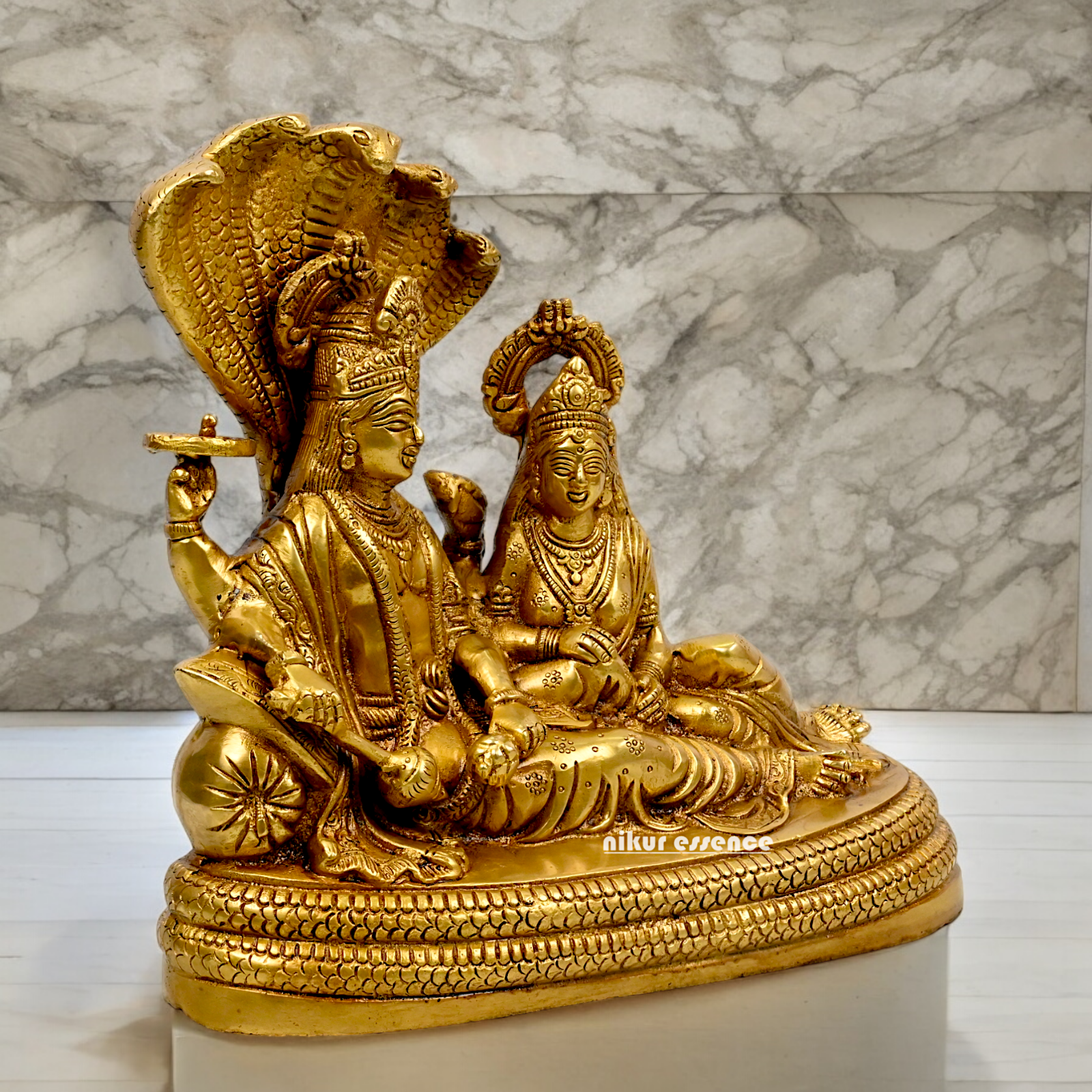 Large Vishnu and Lakshmi Sitting on Sheshnag idol solid brass - 10 inches Nikuressence