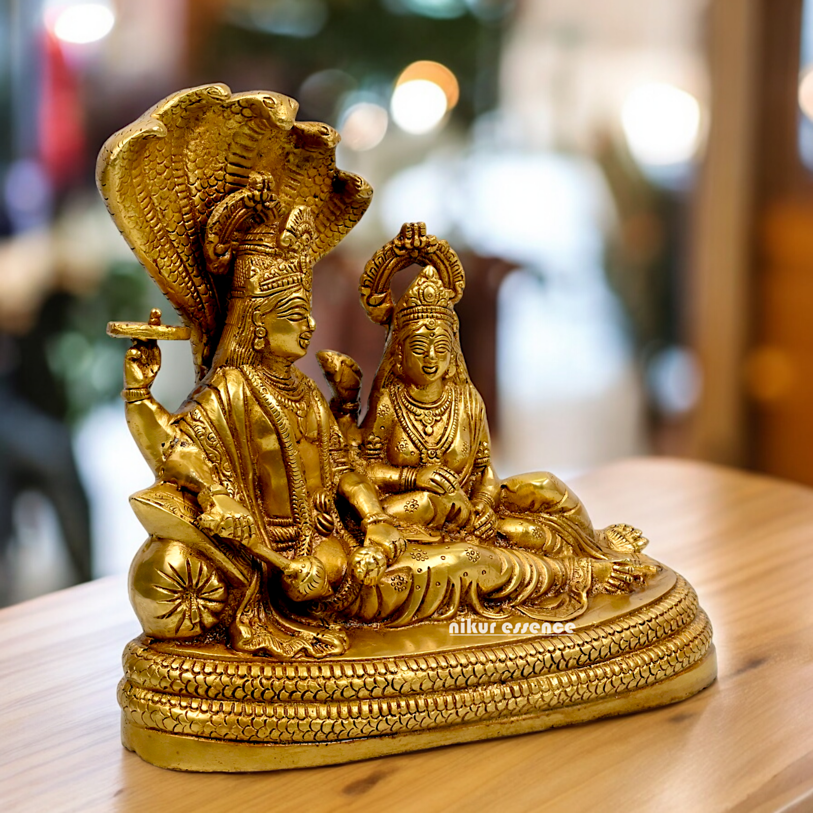 Large Vishnu and Lakshmi Sitting on Sheshnag idol solid brass - 10 inches Nikuressence