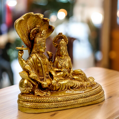 Large Vishnu and Lakshmi Sitting on Sheshnag idol solid brass - 10 inches Nikuressence