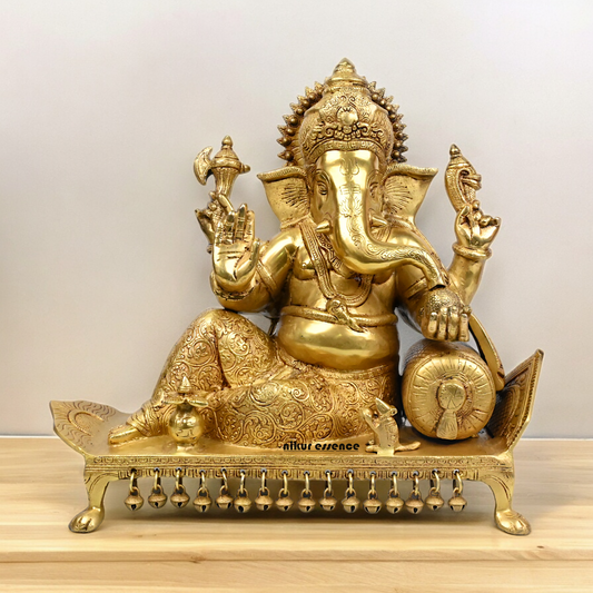 Goddess Ganesh Ganpati Sitting on Singhasan Solid Brass Idol - 16 inches Nikuressence