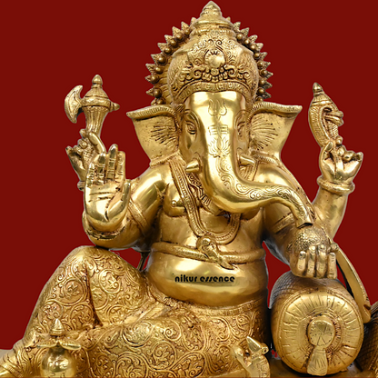 Goddess Ganesh Ganpati Sitting on Singhasan Solid Brass Idol - 16 inches Nikuressence