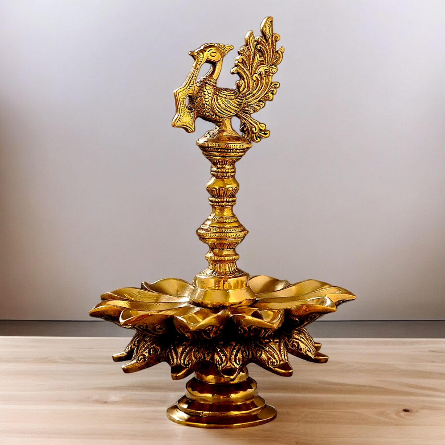 Big Peacock Diya Oil Lamp solid brass - 12 inches Nikuressence