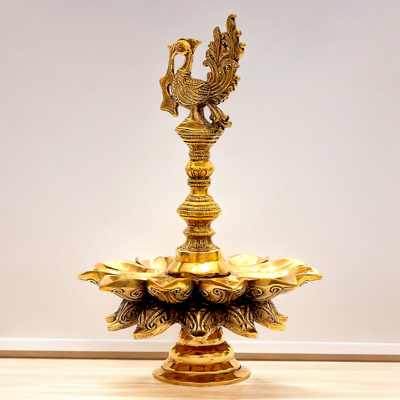 Big Peacock Diya Oil Lamp solid brass - 12 inches Nikuressence