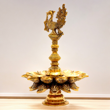 Big Peacock Diya Oil Lamp solid brass - 12 inches Nikuressence