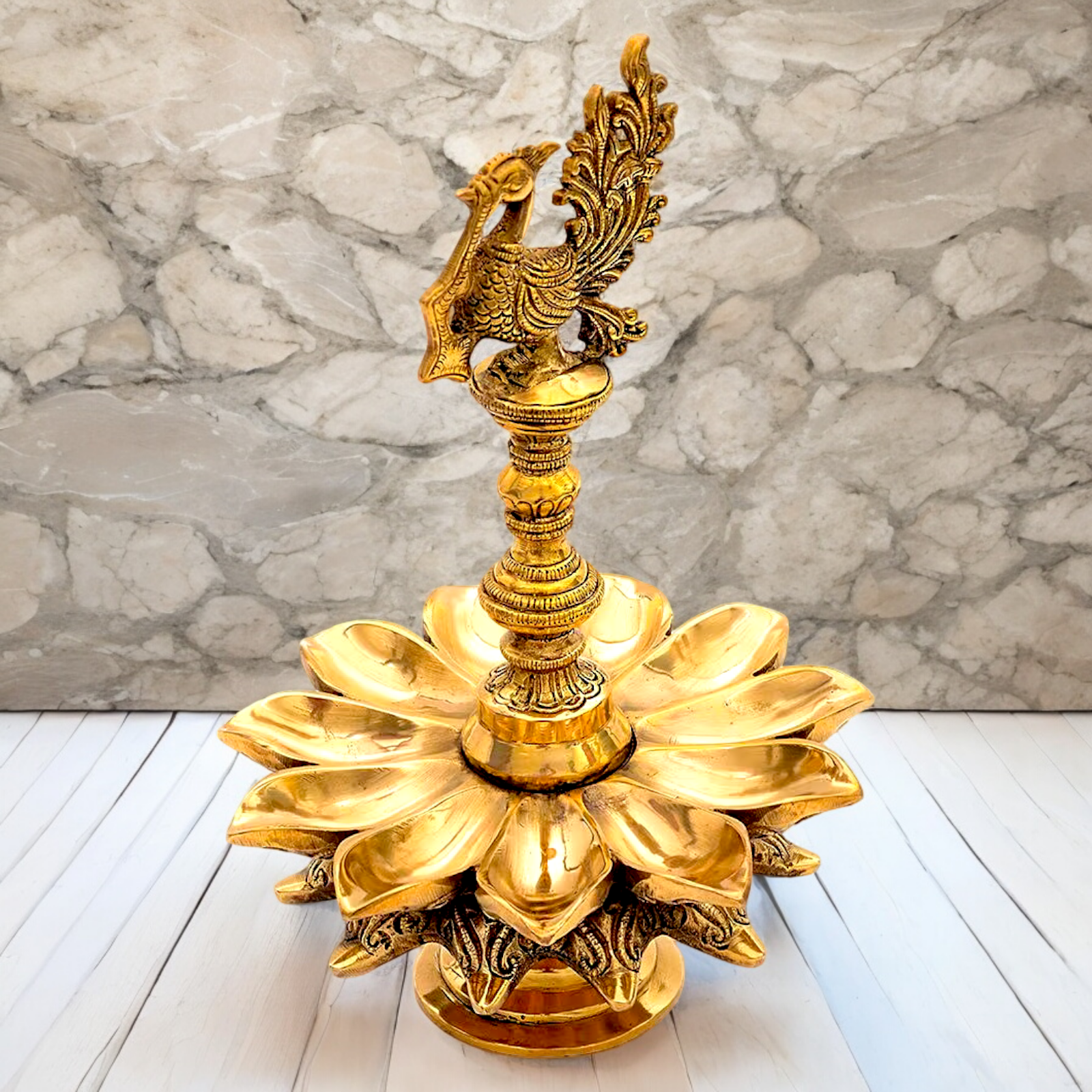 Big Peacock Diya Oil Lamp solid brass - 12 inches Nikuressence