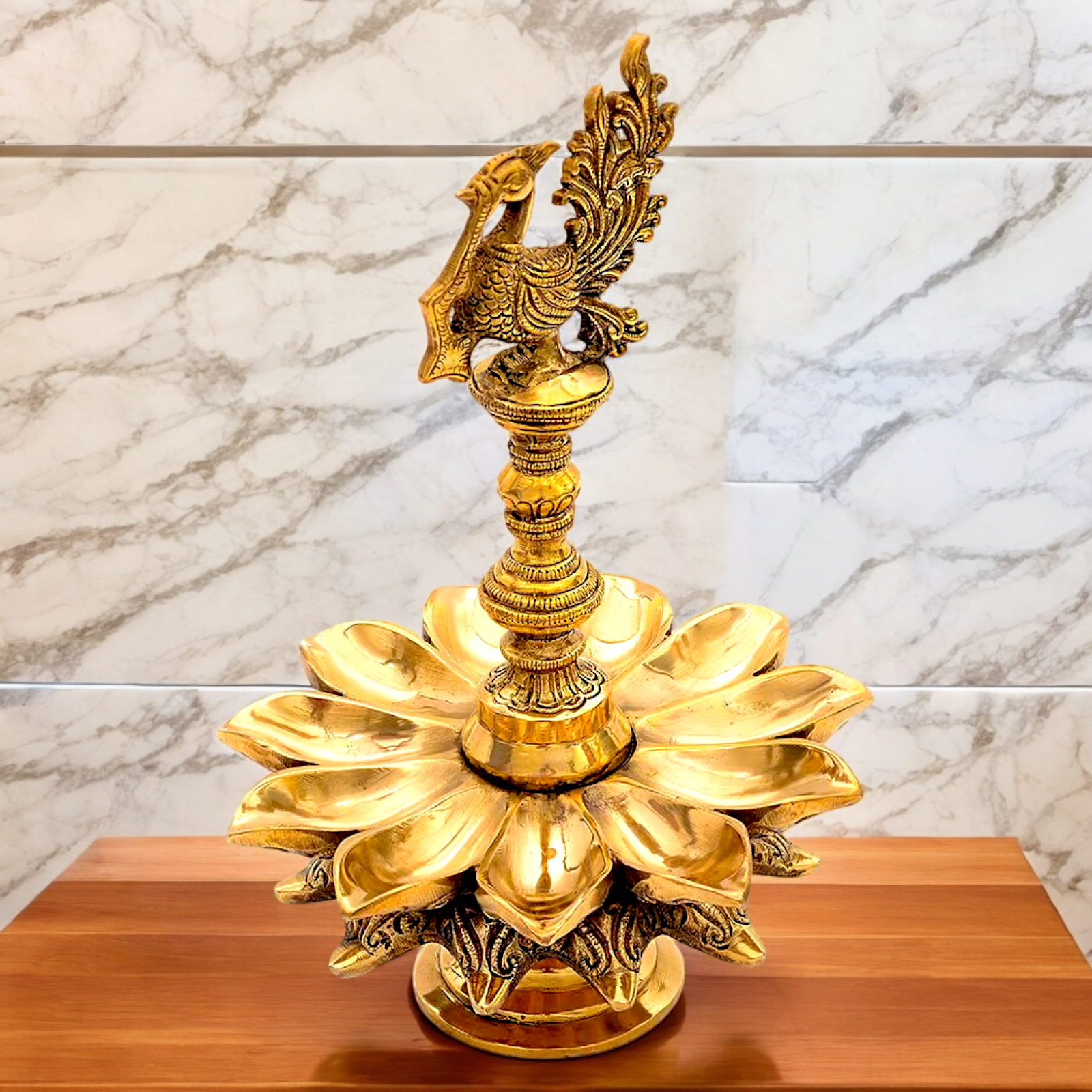 Big Peacock Diya Oil Lamp solid brass - 12 inches Nikuressence