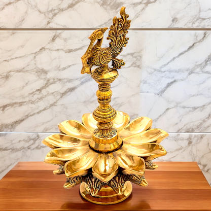 Big Peacock Diya Oil Lamp solid brass - 12 inches Nikuressence