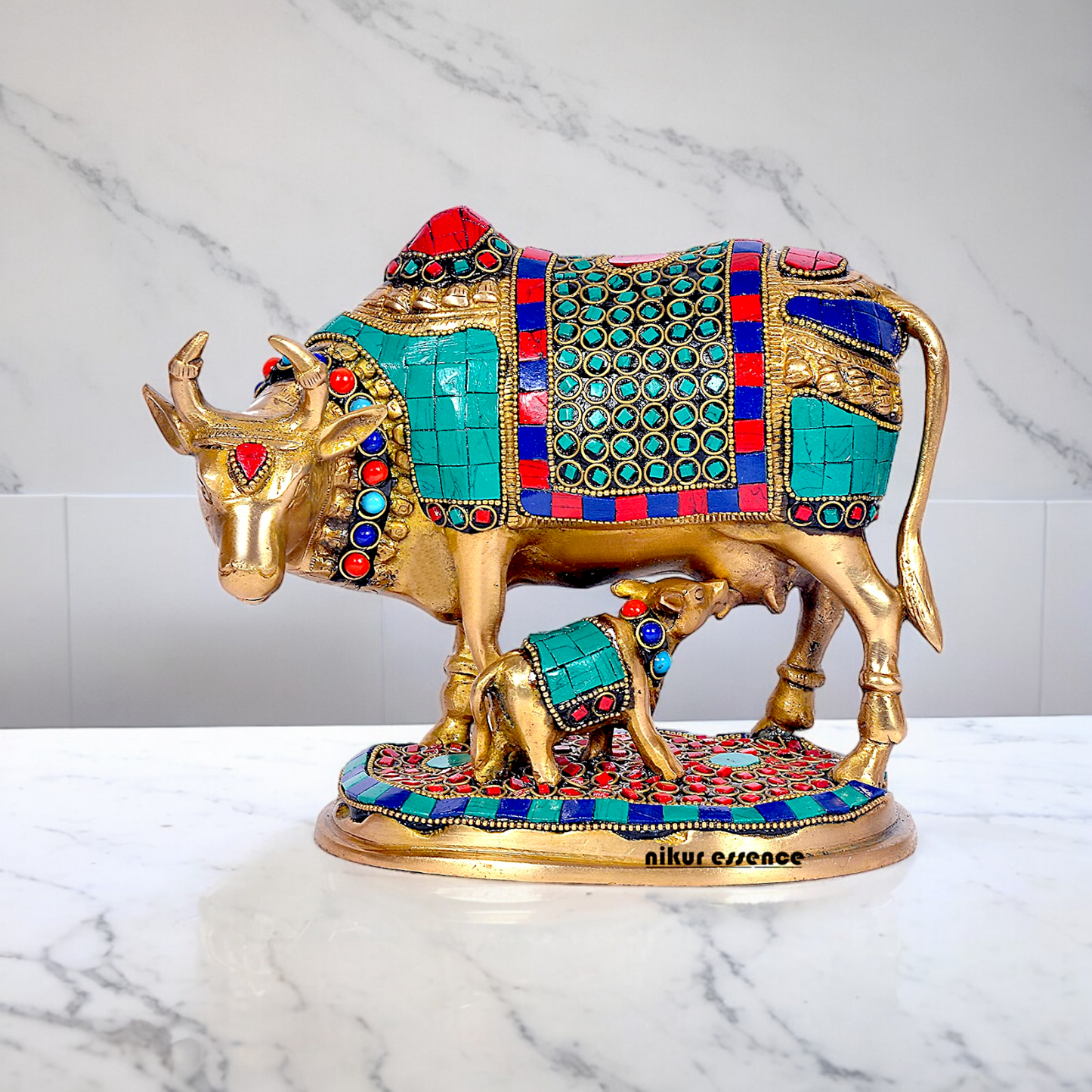 Large Cow with Calf Brass with Stone Work Idol - 7.5 inches Nikuressence