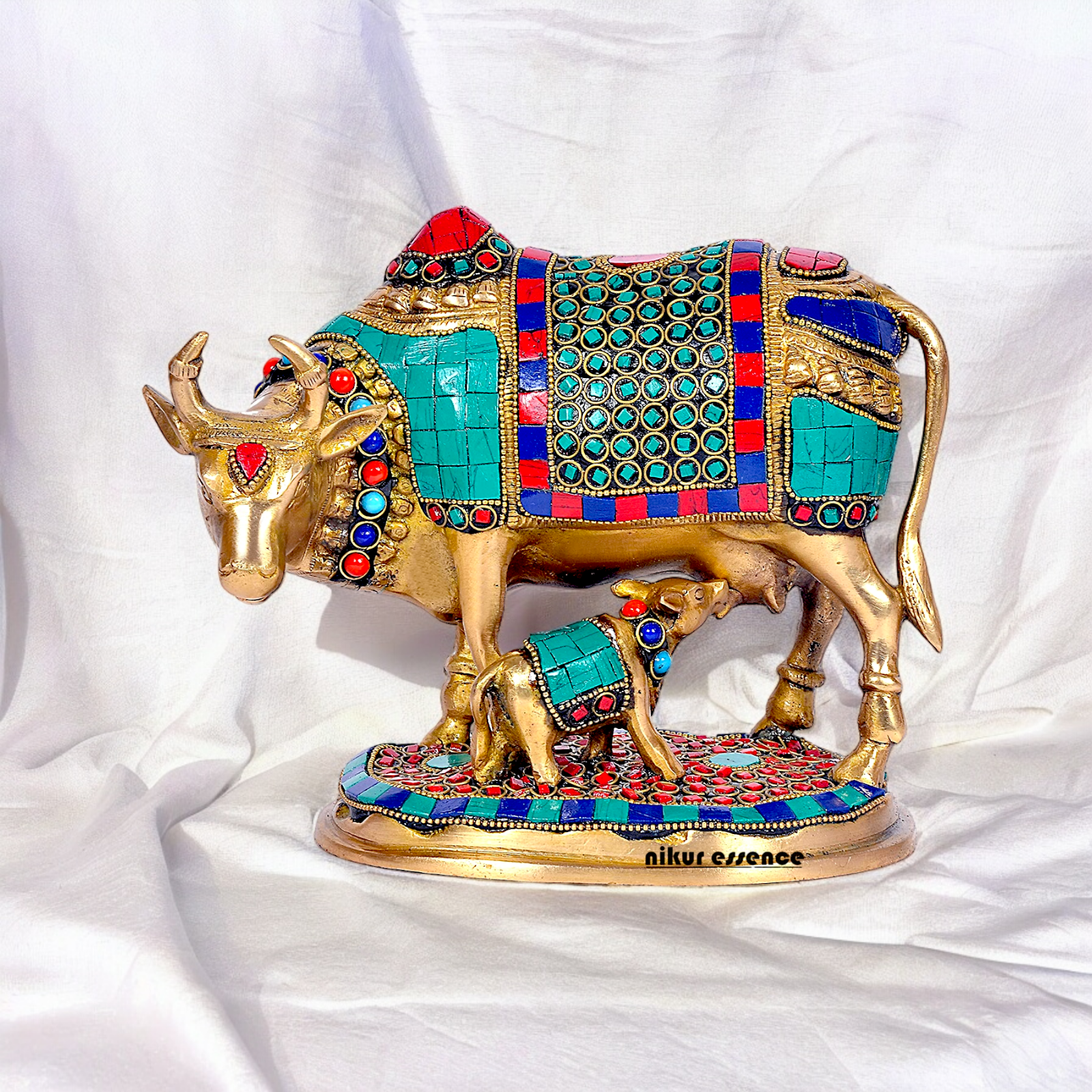 Large Cow with Calf Brass with Stone Work Idol - 7.5 inches Nikuressence