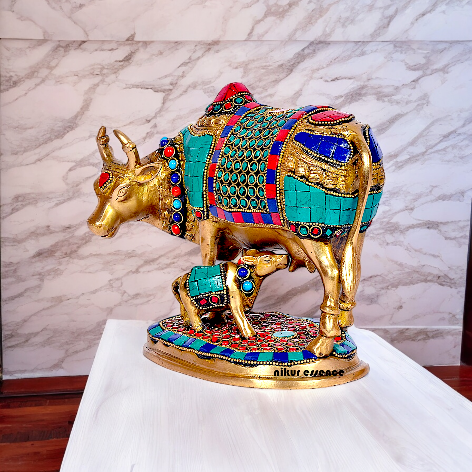Large Cow with Calf Brass with Stone Work Idol - 7.5 inches Nikuressence