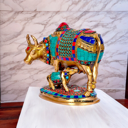 Large Cow with Calf Brass with Stone Work Idol - 7.5 inches Nikuressence