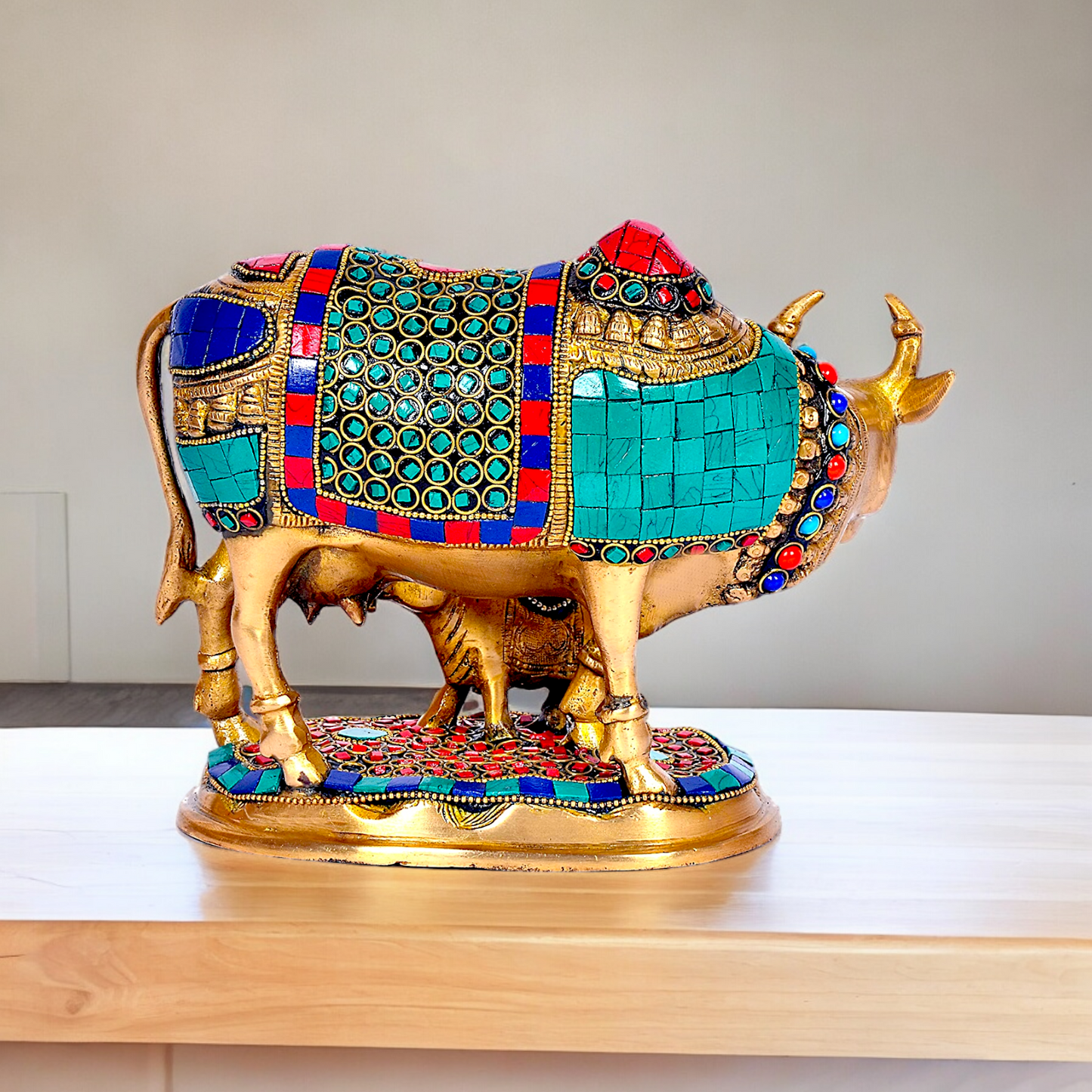 Large Cow with Calf Brass with Stone Work Idol - 7.5 inches Nikuressence