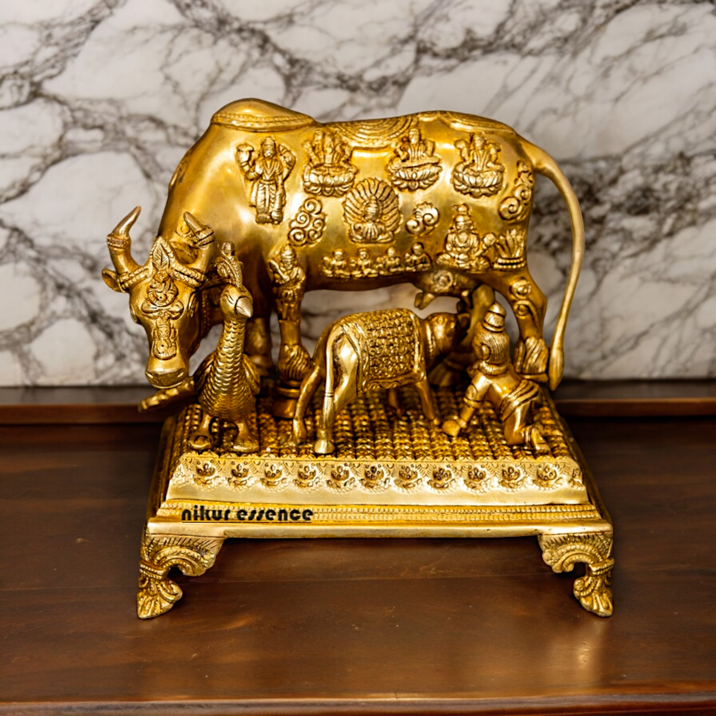 Goddess Kamadhenu with Calf Peacock Solid Brass Idol - 9.5 inches Nikuressence