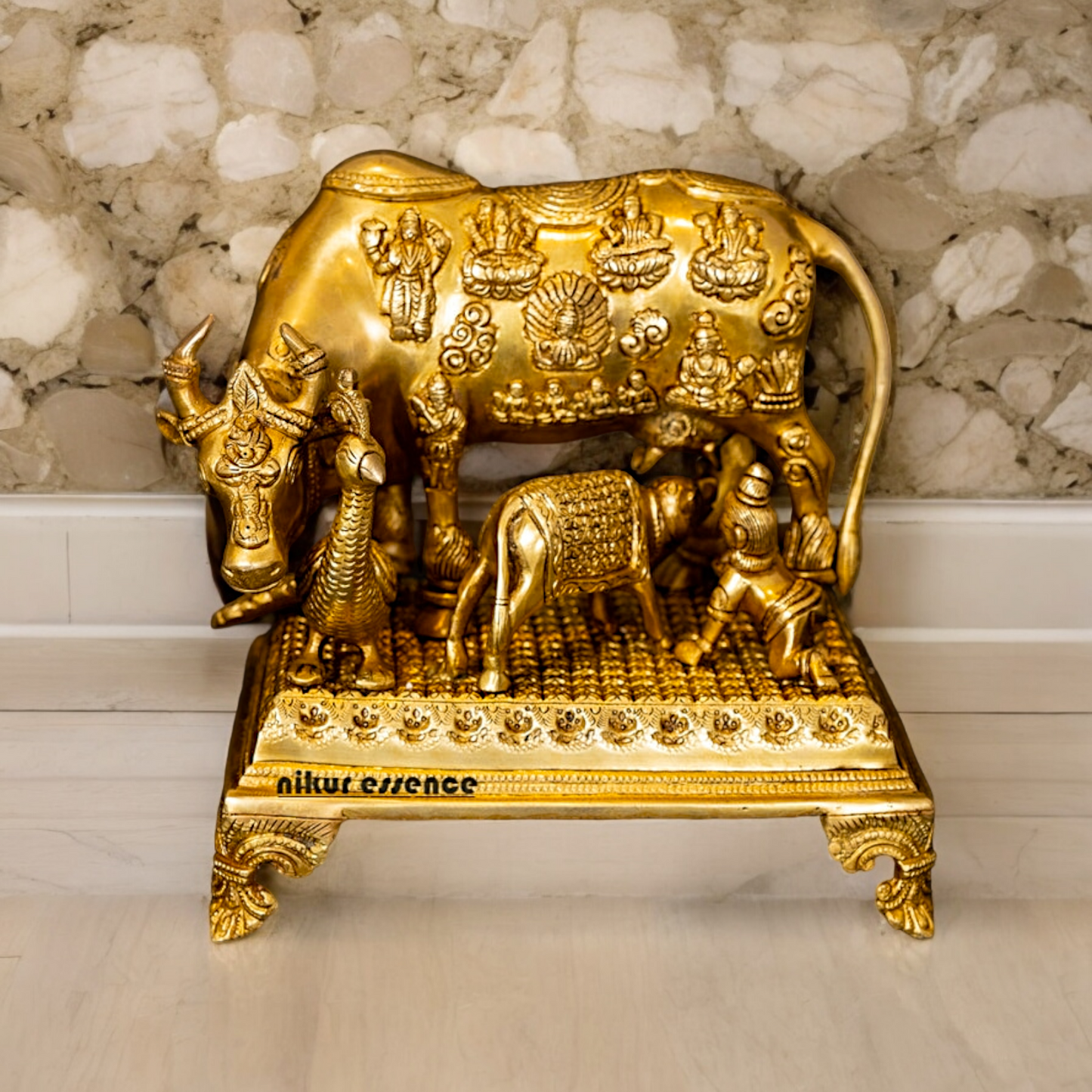 Goddess Kamadhenu with Calf Peacock Solid Brass Idol - 9.5 inches Nikuressence