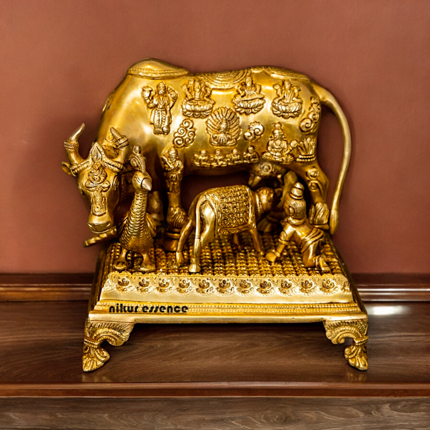 Goddess Kamadhenu with Calf Peacock Solid Brass Idol - 9.5 inches Nikuressence