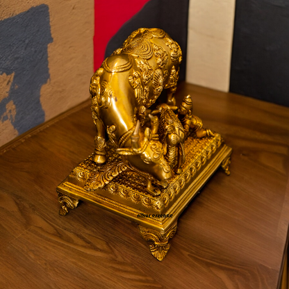 Goddess Kamadhenu with Calf Peacock Solid Brass Idol - 9.5 inches Nikuressence
