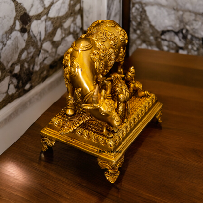 Goddess Kamadhenu with Calf Peacock Solid Brass Idol - 9.5 inches Nikuressence