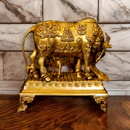 Goddess Kamadhenu with Calf Peacock Solid Brass Idol - 9.5 inches Nikuressence