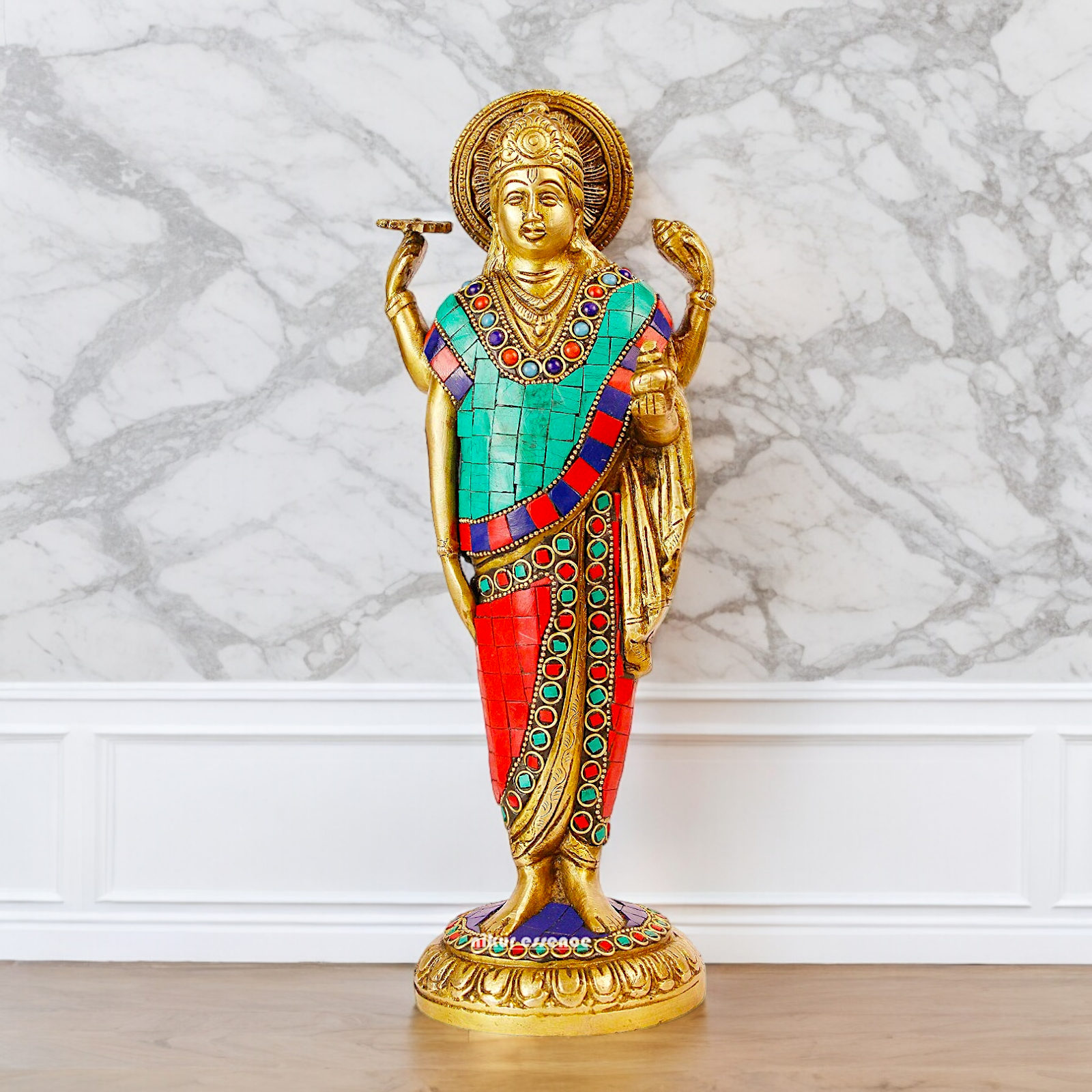 Lord Dhanavantari Standing Brass Idol with Stone Work - 12 inches Nikuressence