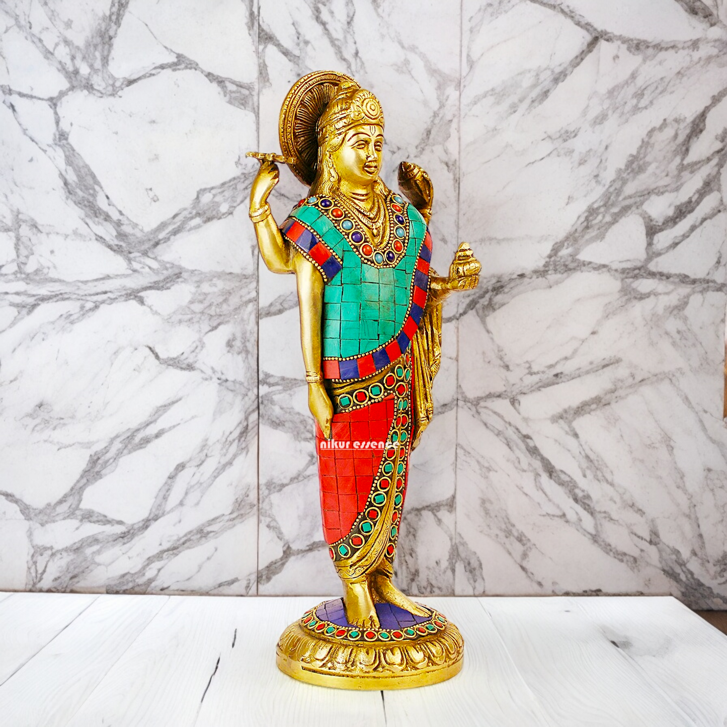 Lord Dhanavantari Standing Brass Idol with Stone Work - 12 inches Nikuressence