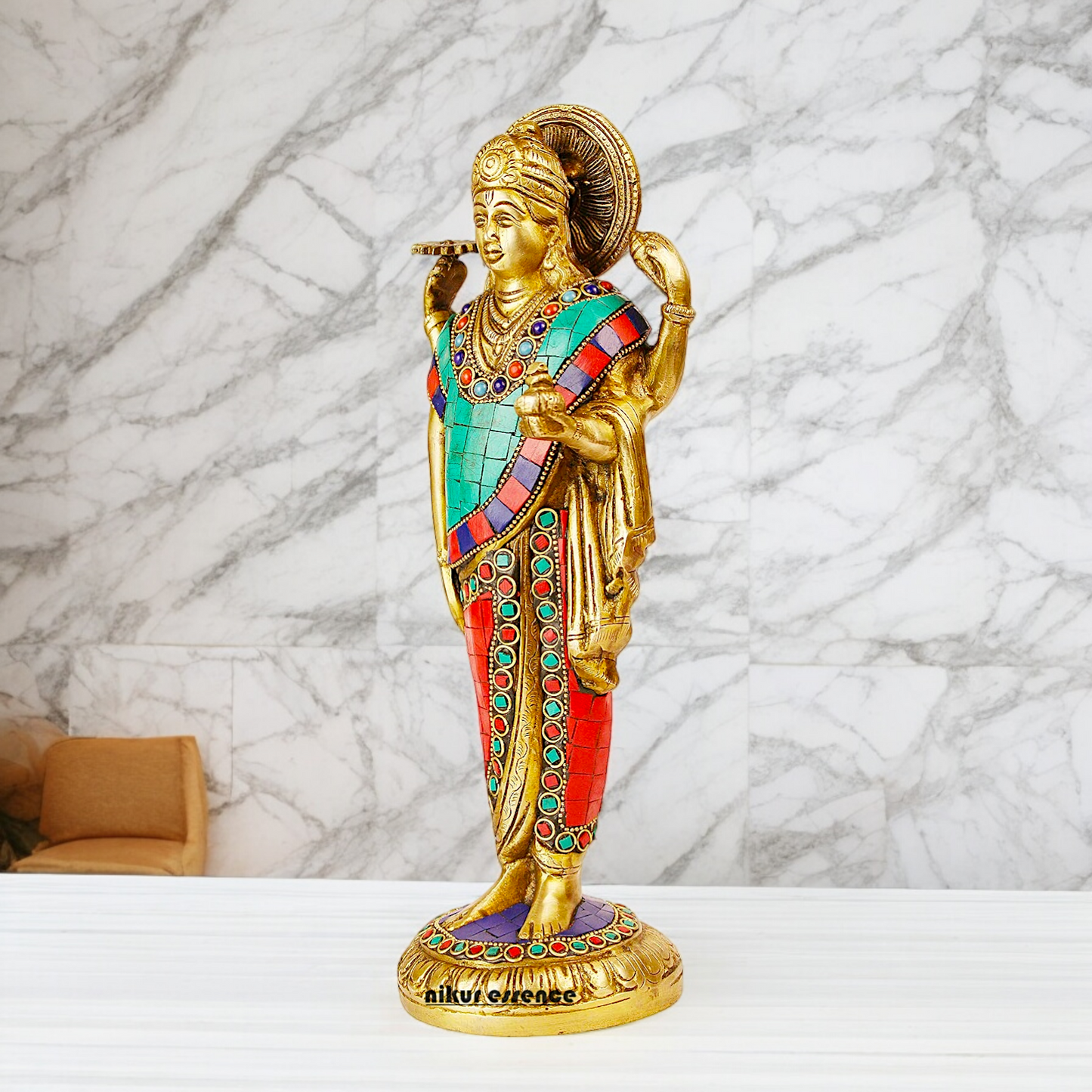 Lord Dhanavantari Standing Brass Idol with Stone Work - 12 inches Nikuressence