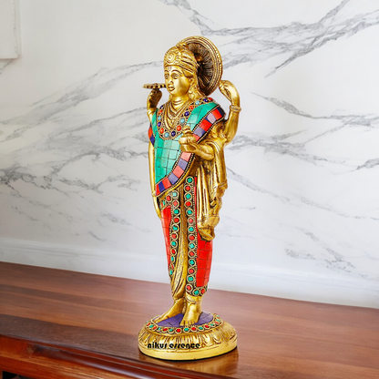 Lord Dhanavantari Standing Brass Idol with Stone Work - 12 inches Nikuressence