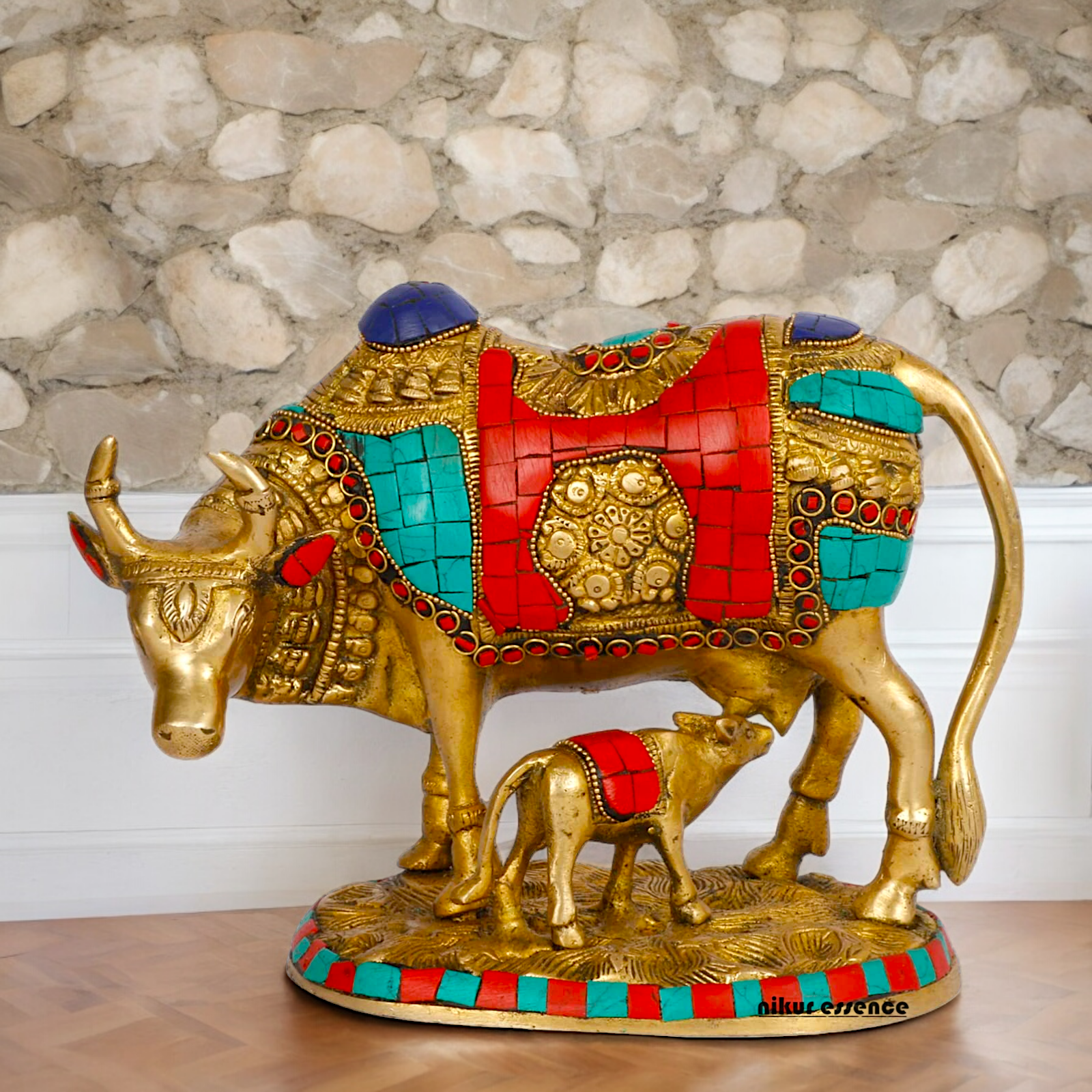 Large Cow with Calf Brass Idol with Stone Work - 8 Inches Nikuressence