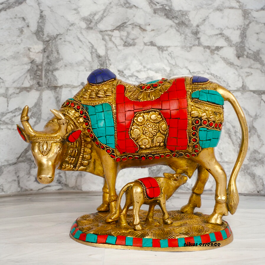 Large Cow with Calf Brass Idol with Stone Work - 8 Inches Nikuressence