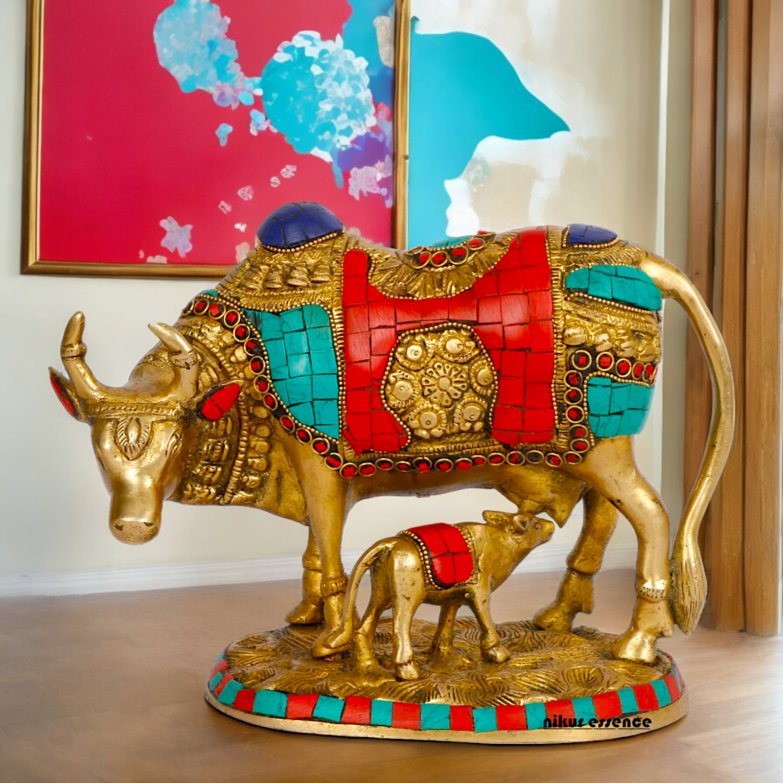 Large Cow with Calf Brass Idol with Stone Work - 8 Inches Nikuressence