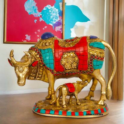 Large Cow with Calf Brass Idol with Stone Work - 8 Inches Nikuressence