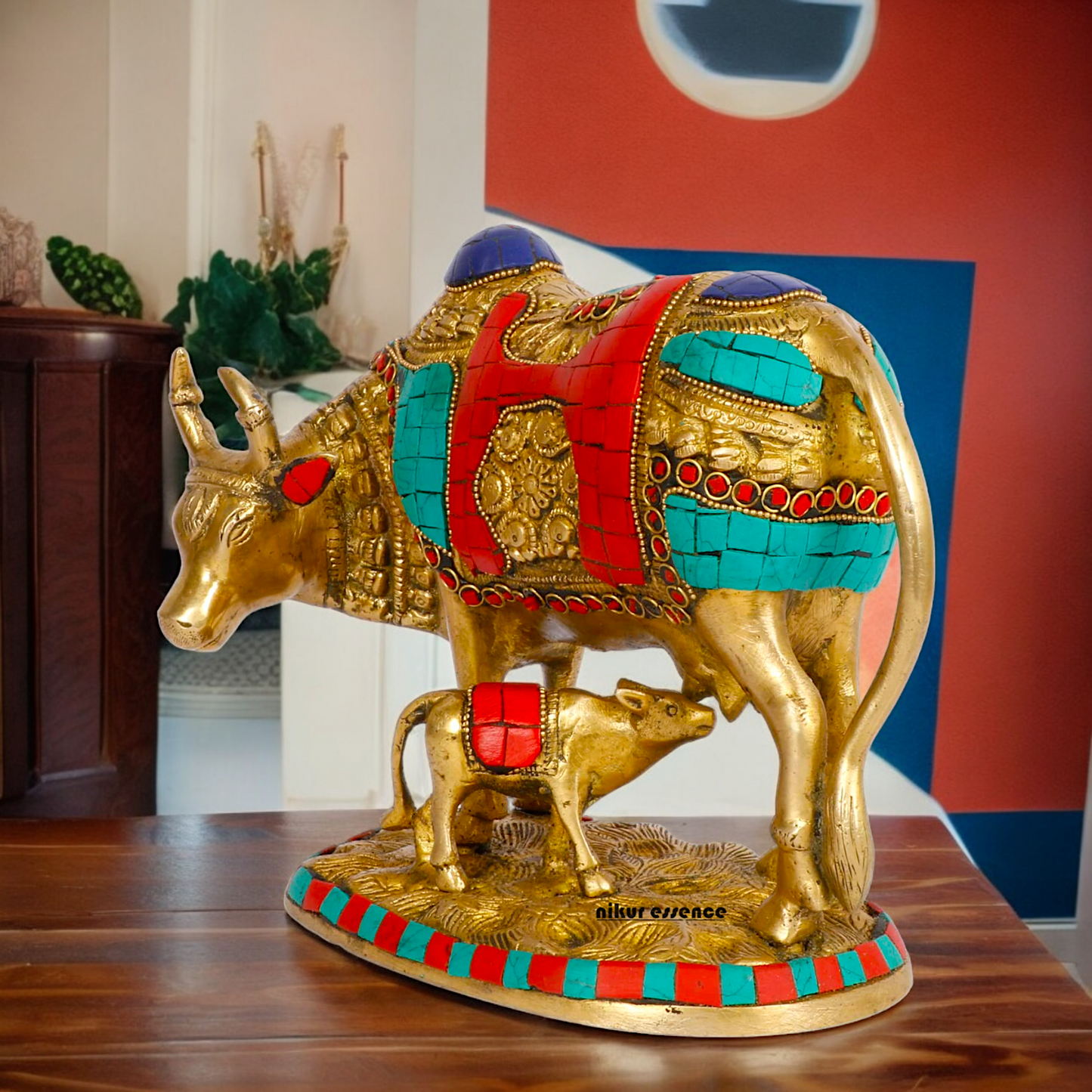 Large Cow with Calf Brass Idol with Stone Work - 8 Inches Nikuressence