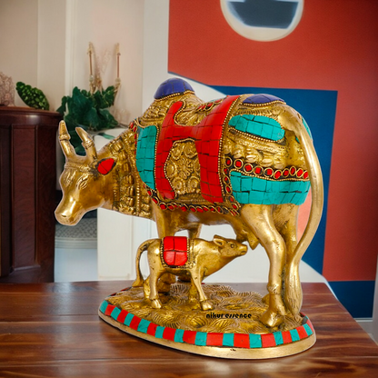 Large Cow with Calf Brass Idol with Stone Work - 8 Inches Nikuressence