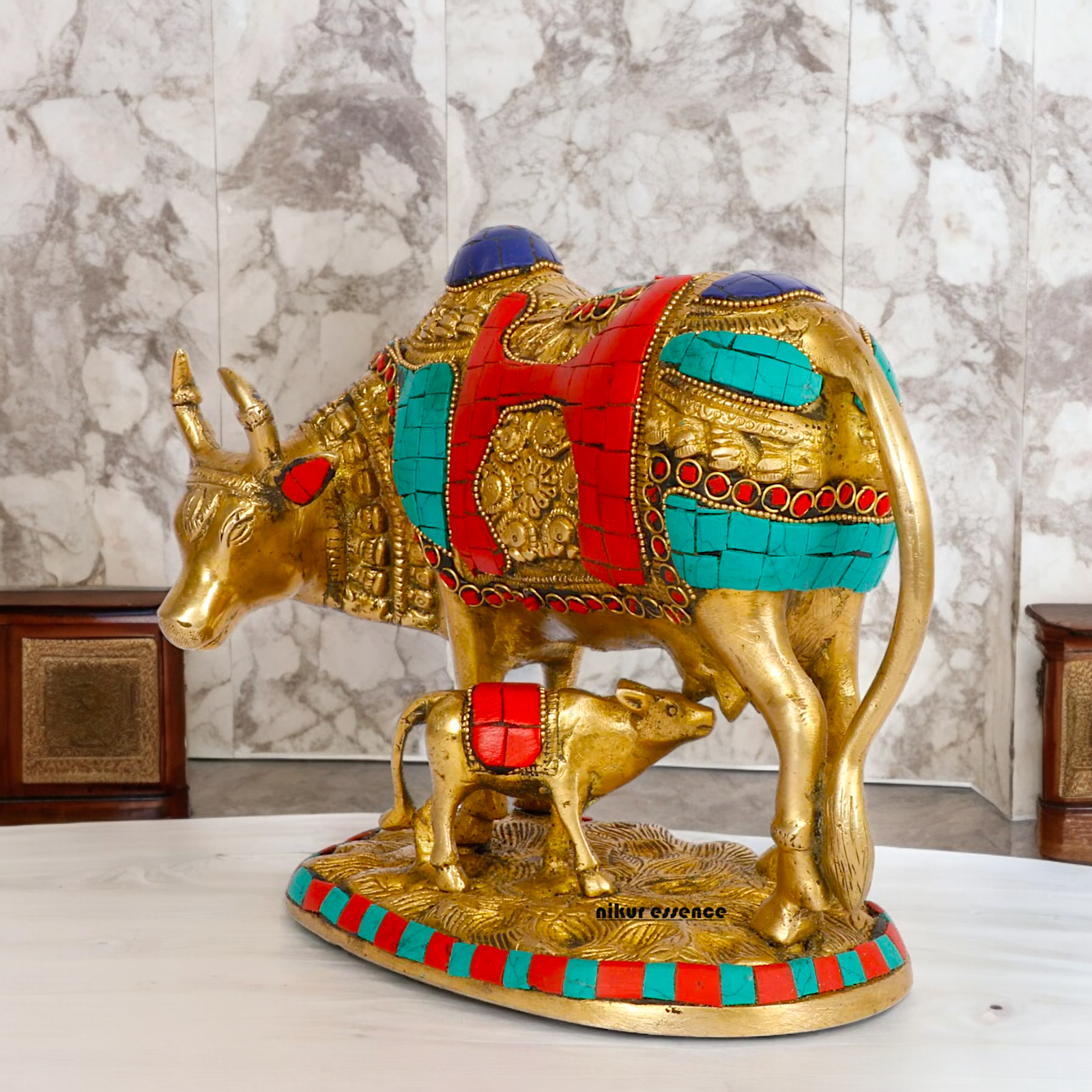 Large Cow with Calf Brass Idol with Stone Work - 8 Inches Nikuressence