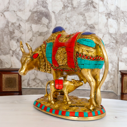 Large Cow with Calf Brass Idol with Stone Work - 8 Inches Nikuressence