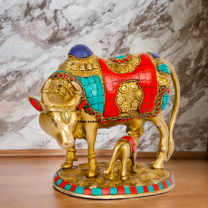 Large Cow with Calf Brass Idol with Stone Work - 8 Inches Nikuressence