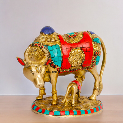 Large Cow with Calf Brass Idol with Stone Work - 8 Inches Nikuressence