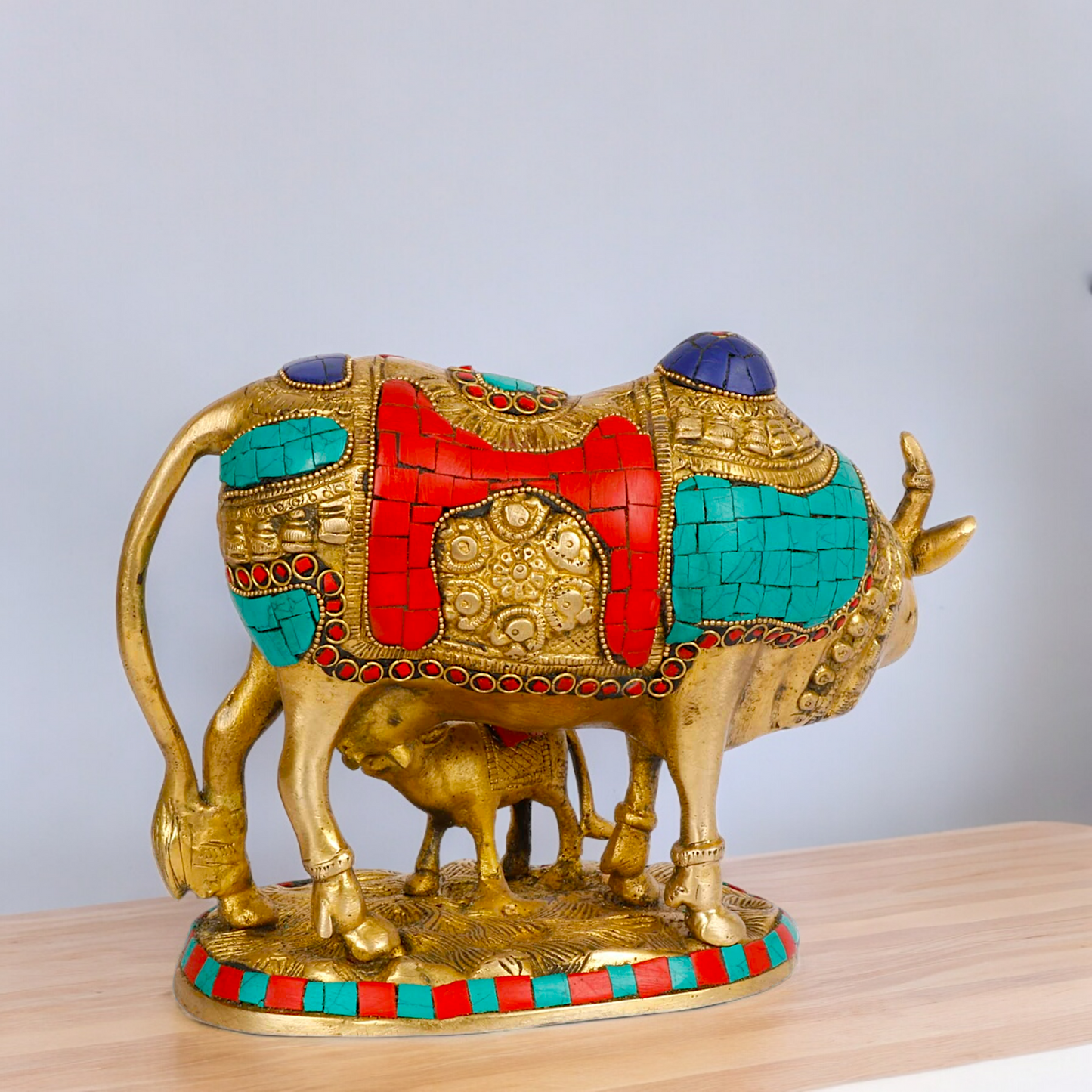 Large Cow with Calf Brass Idol with Stone Work - 8 Inches Nikuressence
