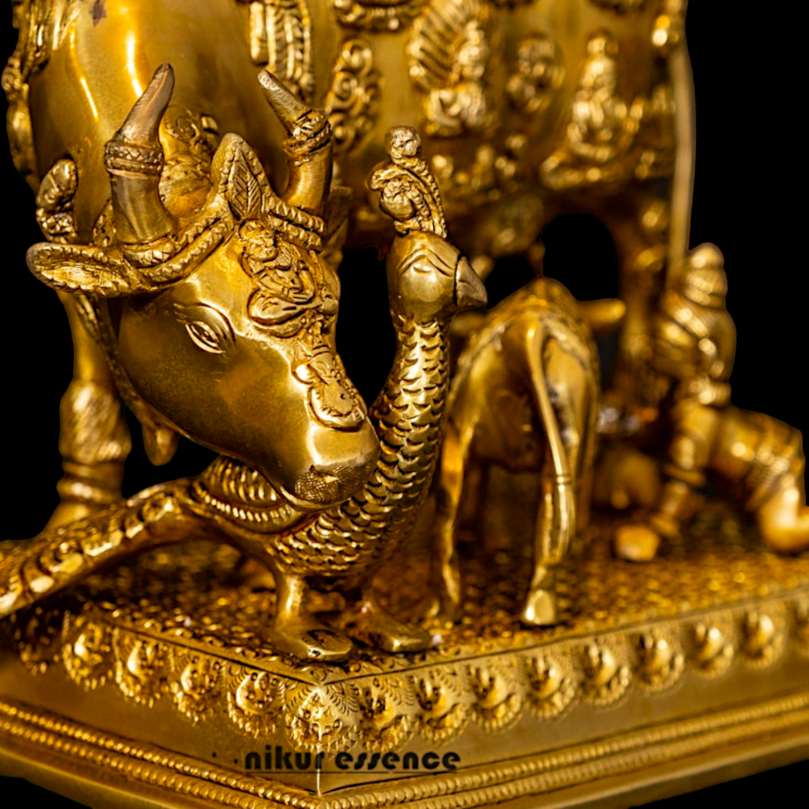 Goddess Kamadhenu with Calf Peacock Solid Brass Idol - 9.5 inches Nikuressence