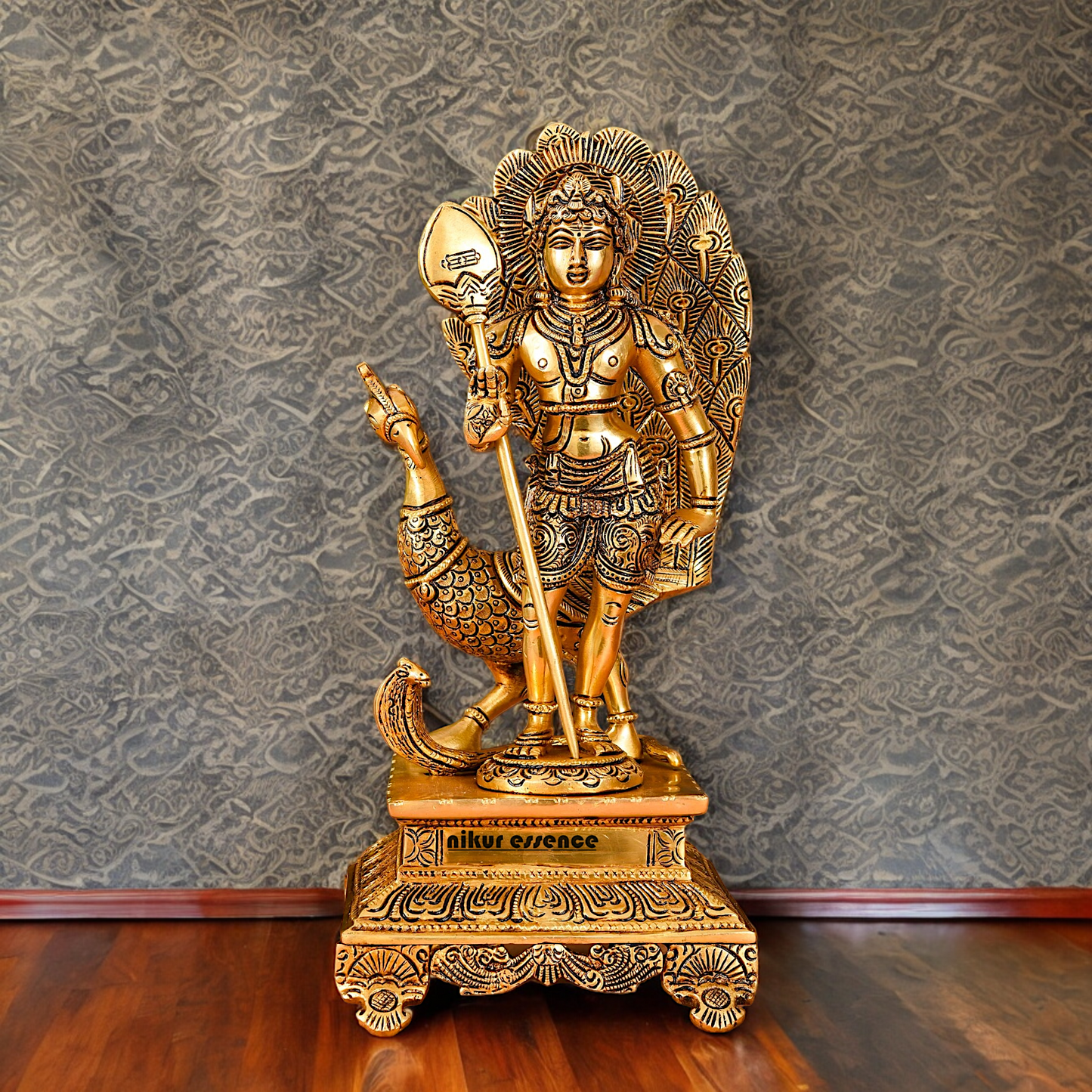 Lord Murugan Swamy with Peacock Solid brass Idol - 12 Inches Nikuressence