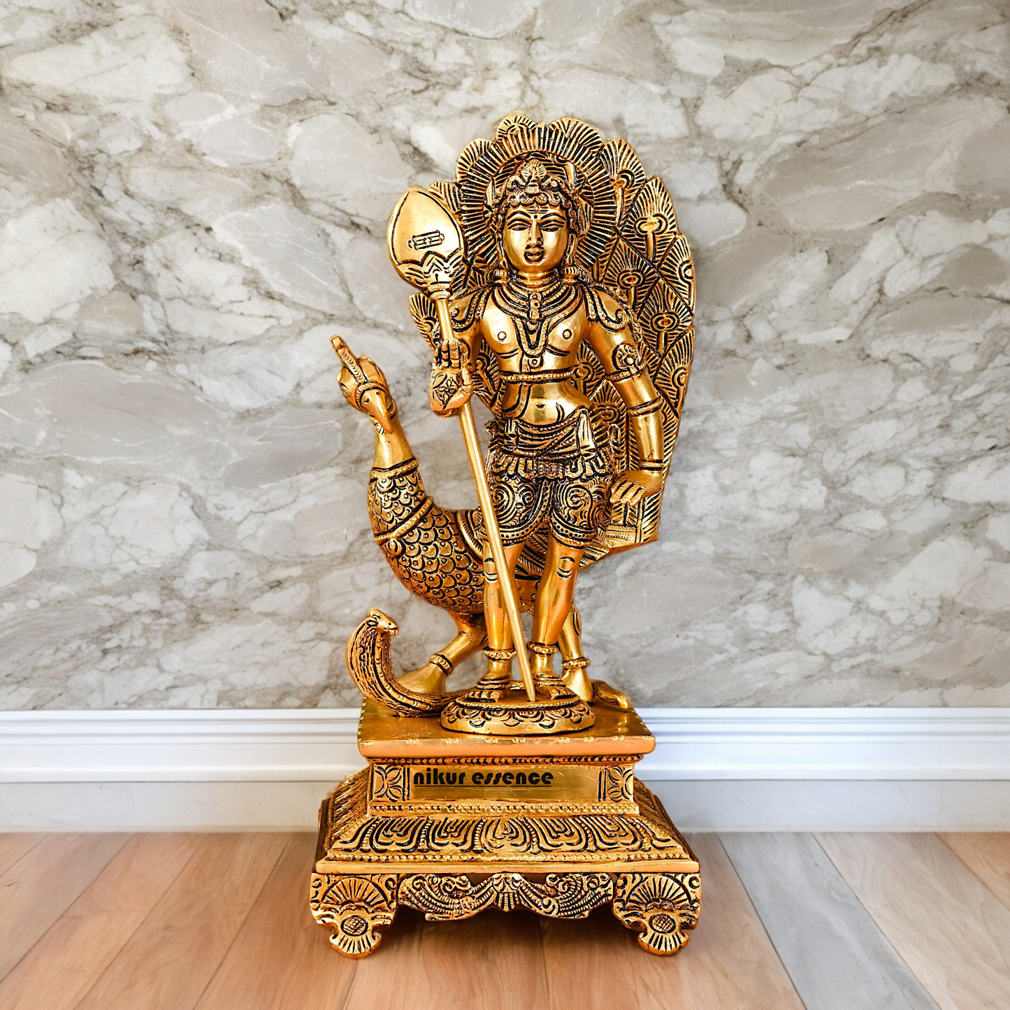 Lord Murugan Swamy with Peacock Solid brass Idol - 12 Inches Nikuressence