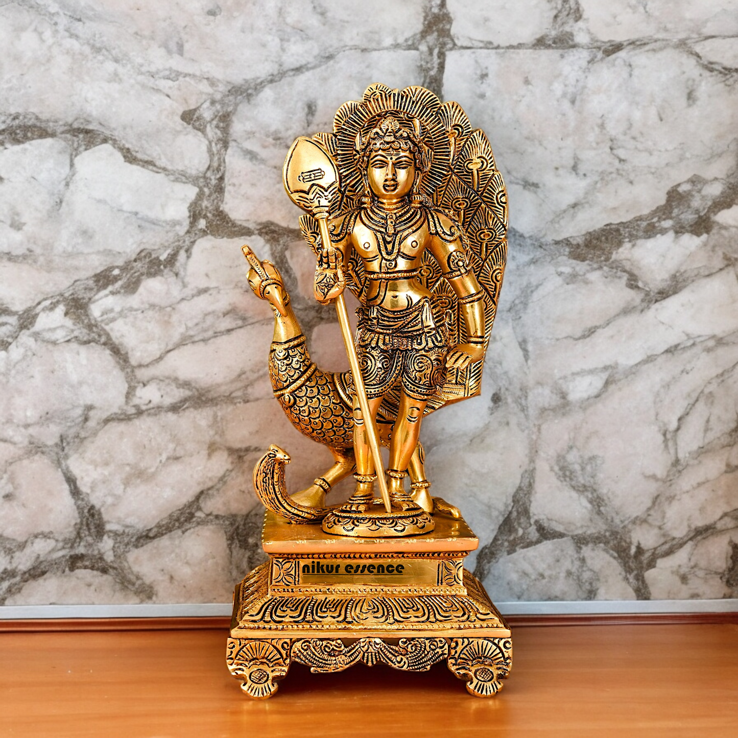 Lord Murugan Swamy with Peacock Solid brass Idol - 12 Inches Nikuressence