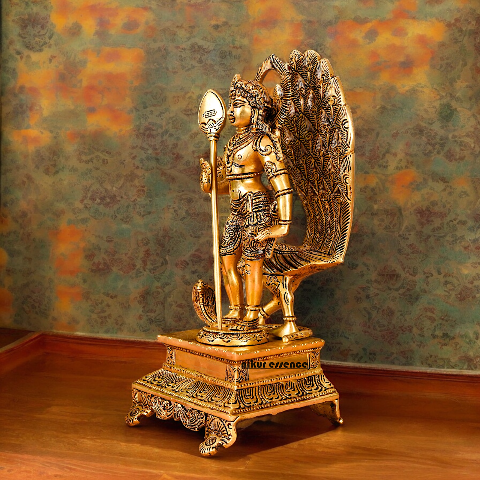 Lord Murugan Swamy with Peacock Solid brass Idol - 12 Inches Nikuressence