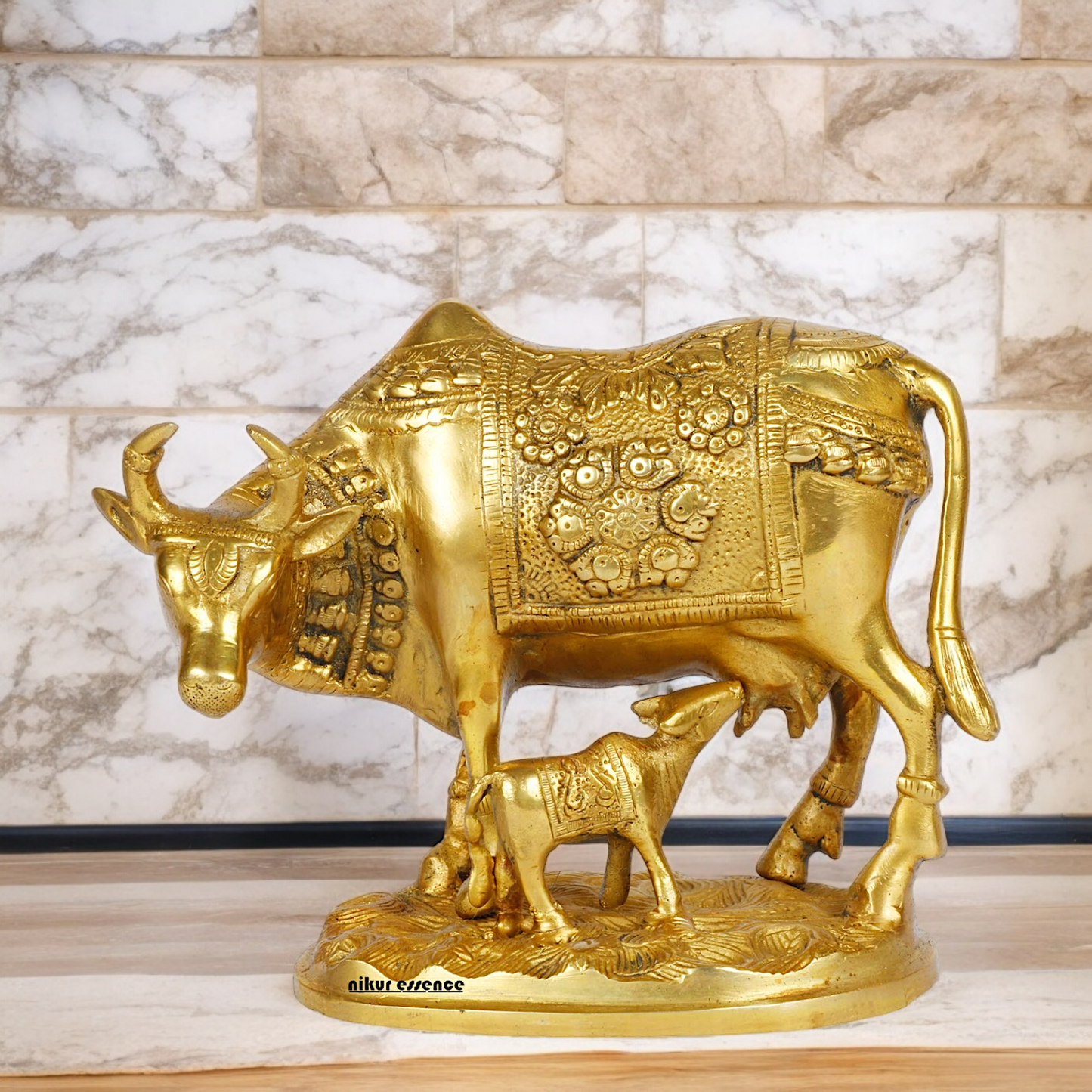 Solid Brass Cow with Calf Idol - 8 Inches Nikuressence