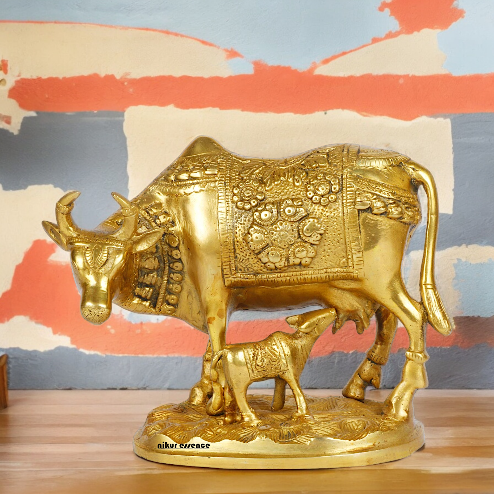 Solid Brass Cow with Calf Idol - 8 Inches Nikuressence