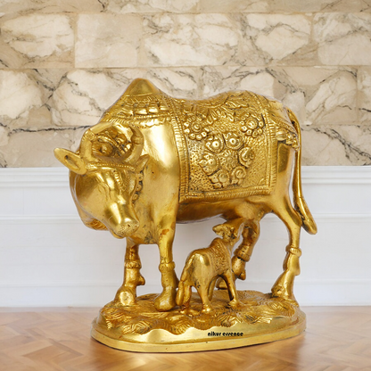 Solid Brass Cow with Calf Idol - 8 Inches Nikuressence
