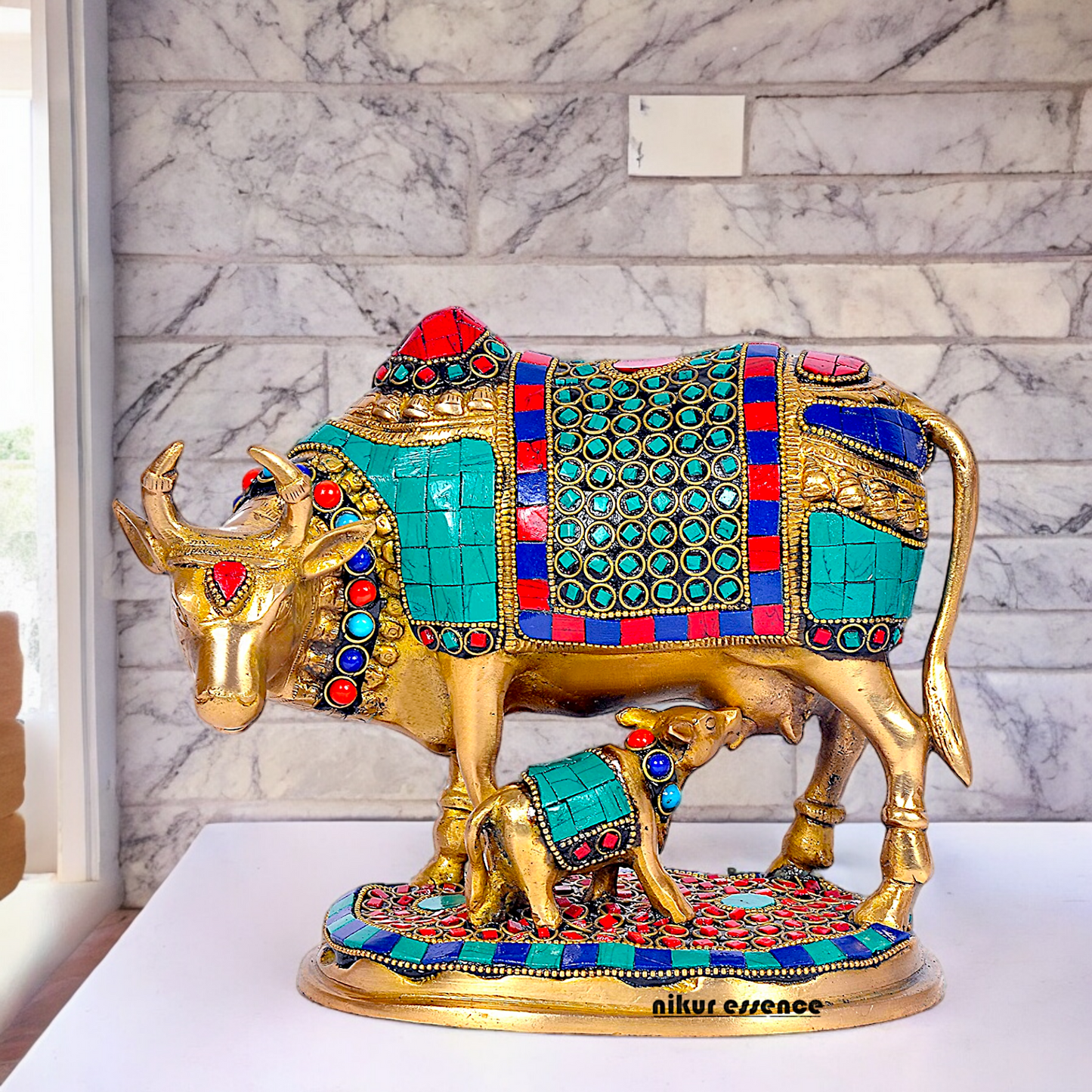 Shop Cow with Calf Idol Stone Work - 7.5 inches Nikuressence