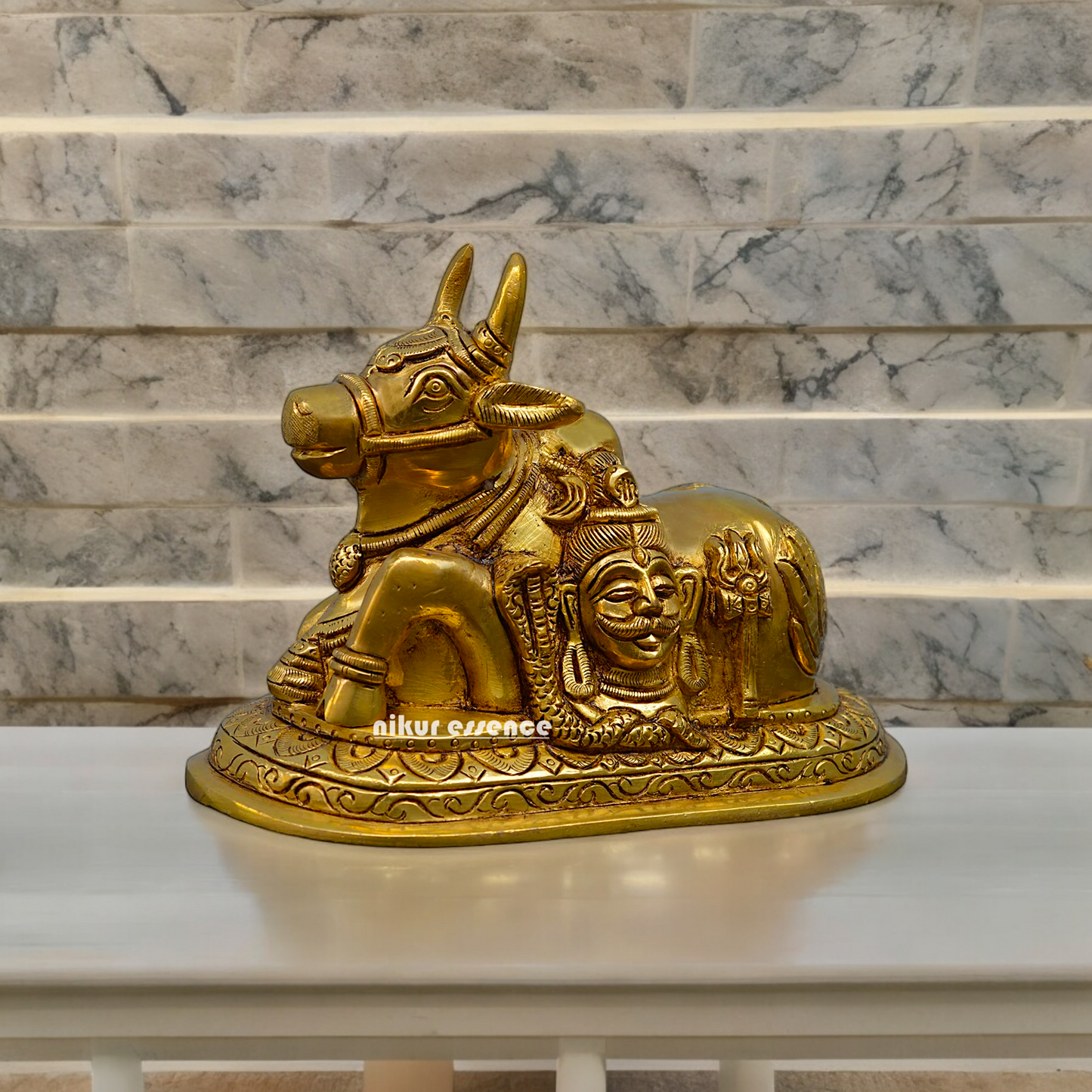 Solid Brass Nandi with Shiva Parvati figurine idol - 7.2 inches Nikuressence