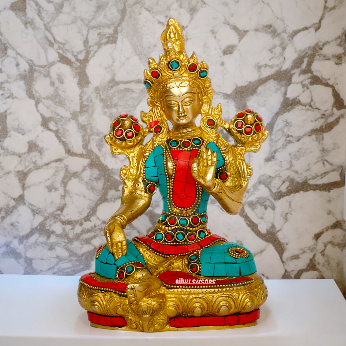 Goddess Tibetan Tara Brass idol with Stone Work - 8 inches Nikuressence