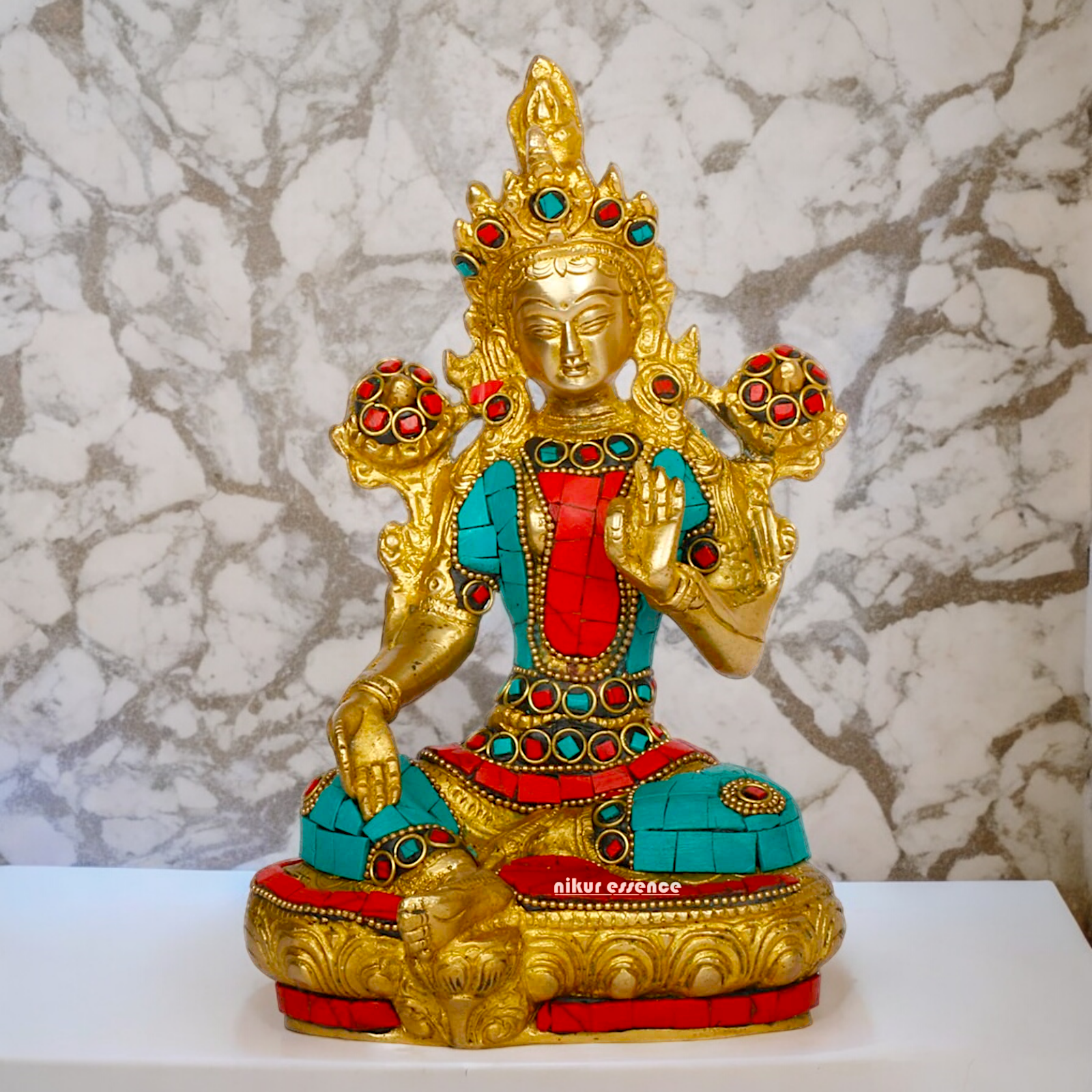 Goddess Tibetan Tara Brass idol with Stone Work - 8 inches Nikuressence